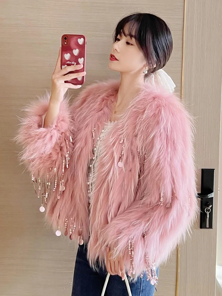 2023 Winter New Fox Fur Fur Coat Women\'s Short Young Fashionable Sequins Tassel Imitation Raccoon Fur Long Fur Faux Fur Coat