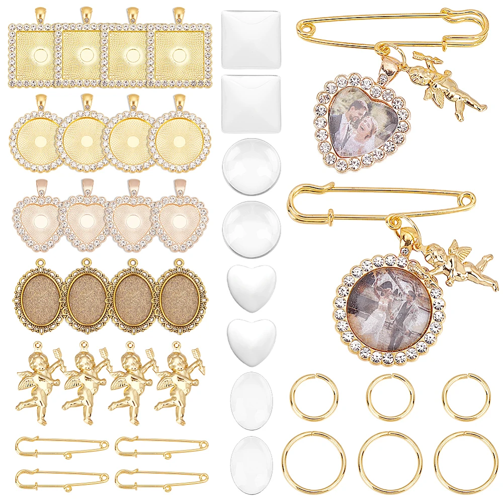 6 Juegos, 4 Estilos, Kit de Fabricación de Broches Redondos Dorados para Ramos de Boda, Dijes de Fotos DIY, Dijes Conmemorativos para Novias, Medallones Conmemorativos en Forma de Corazón
