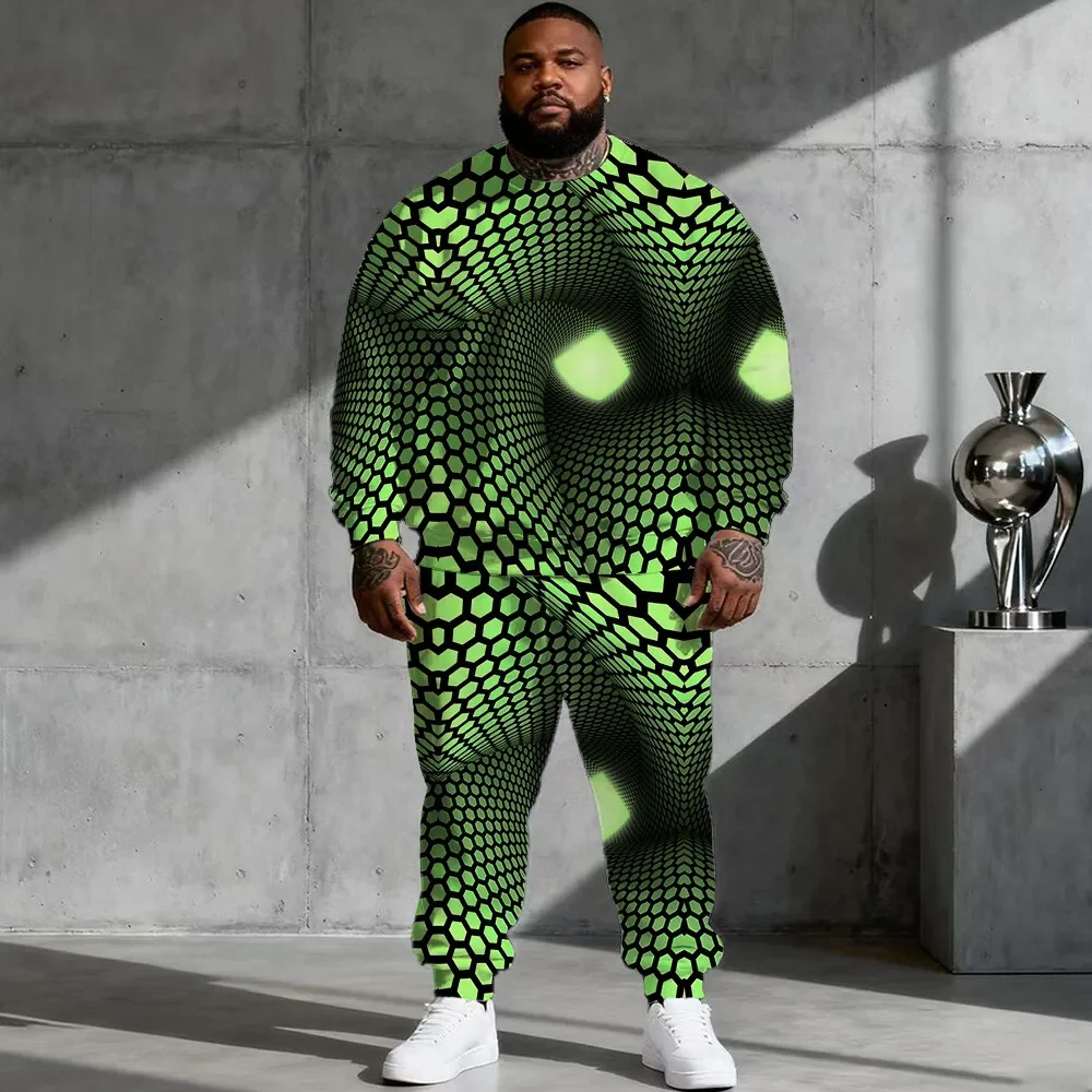 Men's Plus Size Crewneck Sweatshirt and Joggers Set, Receding Tunnel Prints with Repeating Layers for an Optical Illusion S-9XL