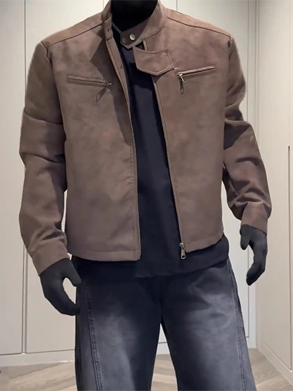 

Мужская кожаная куртка Cleanfit с воротником-стойкой в американском стиле, крутая мотоциклетная куртка-харрингтон для весны и осени, приталенная, винтажная