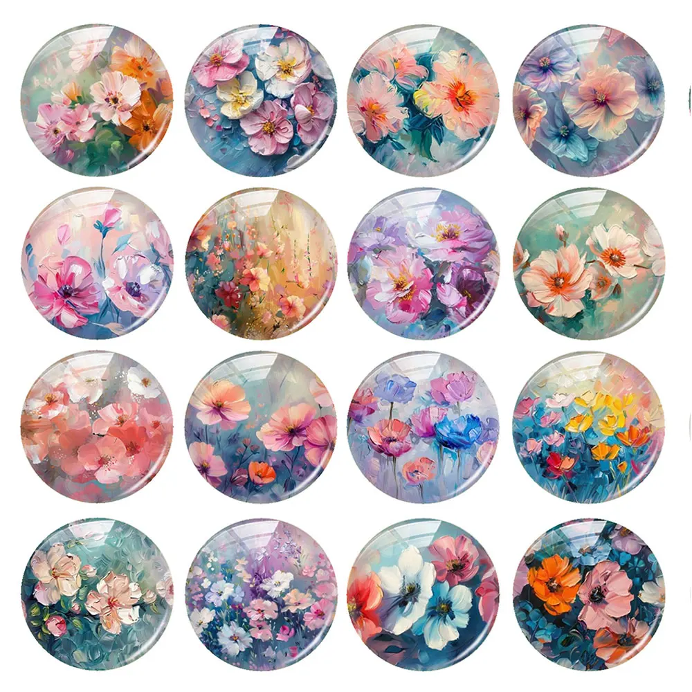 Random Mixed Round/Oval/Square Oil Painting Flower Photo Glass Cabochon Flatback Demo Cameo For Diy Jewelry Making