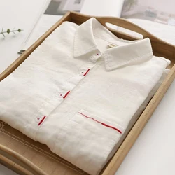 Spring Autumn Women Clothing Control Red Embroidery Shirt Casual White Color Double-layer Cotton Long Sleeved Blouse Tops U406