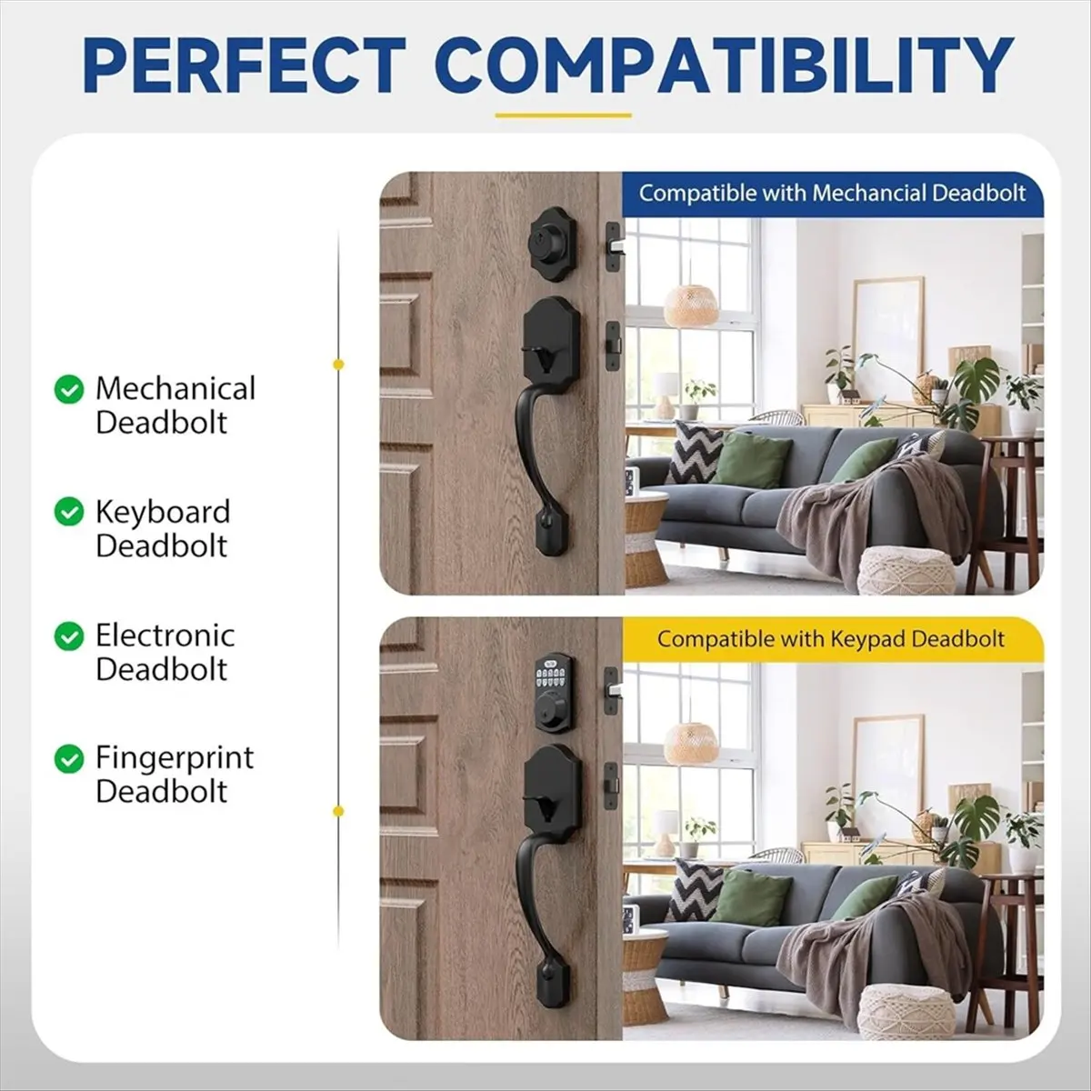 A89X Black Front Door Handle No Lock, Exterior Door Handles with Passage Lever, Entry Door Handle Reversible for Left & Right