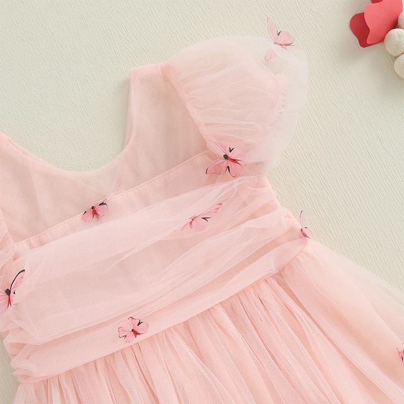 Girls Short Sleeve Square Neck Floral Print Tulle Dress Summer Casual Daily Dress with Butterfly Embellishments