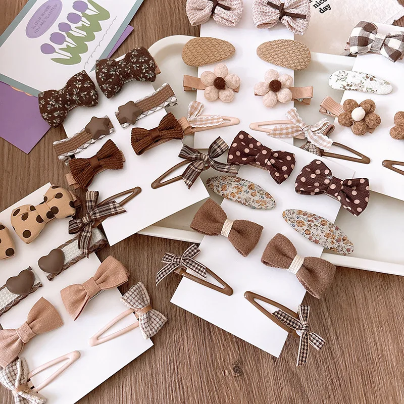 

8pc Brwon Coffee Color Dot Floral Print Basic Snap Hair Clip Baby Plaid Bow Hair Clips Wool Knit Hairpins Cotton Barrettes Girls