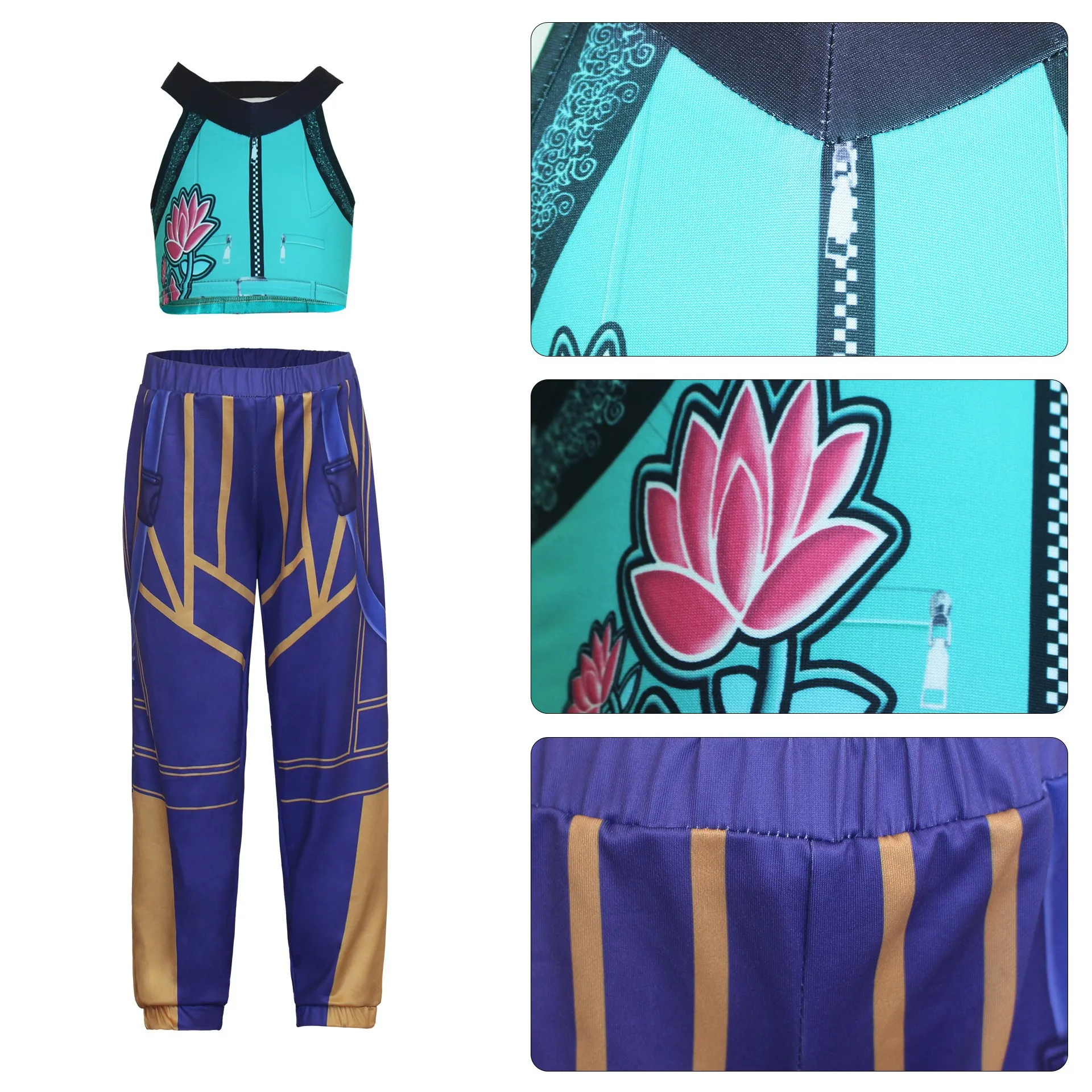 Girl Singer Band Performance Uniform Dance Costume 2Pcs Lotus Print Sleeveless Vest Elastic Waist Trousers 80s Streetwear Outfit