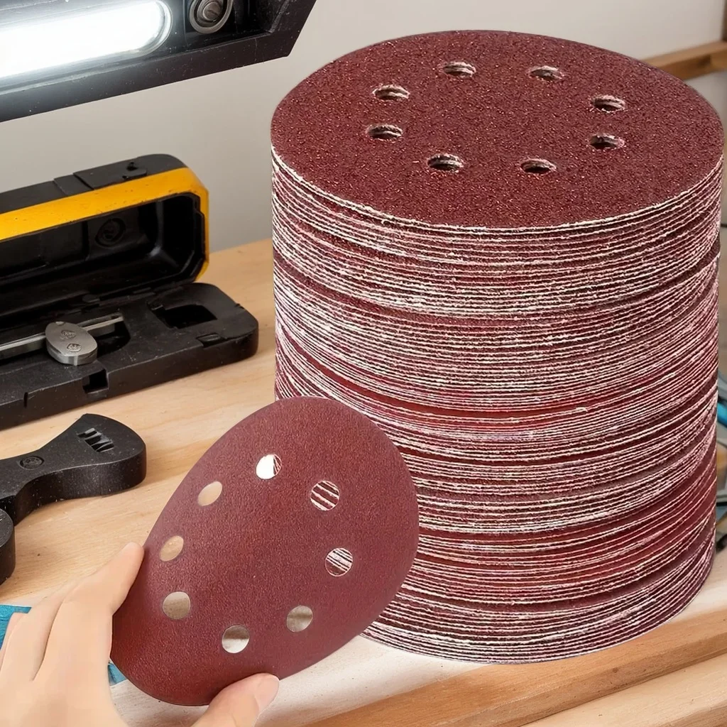 

10pcs Flocking Red Sandpaper - 5-Inch 8-Hole Polishing Discs for Sanding & Finishing (Sanding Sheets/Pads)