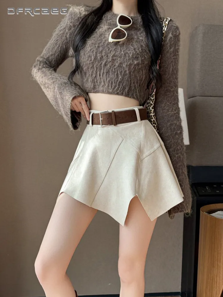 Korean Style Autumn Winter Vintage Irregular Mini Skirt For Woman High Waist Casual School  Suede Short Skirts With Belt