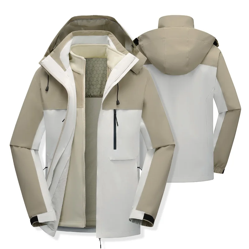 Abrigo de tormenta tres en uno para hombre, chaqueta impermeable de lana cálida, diseño de gorra desmontable, cortavientos de viaje al aire libre, Invierno