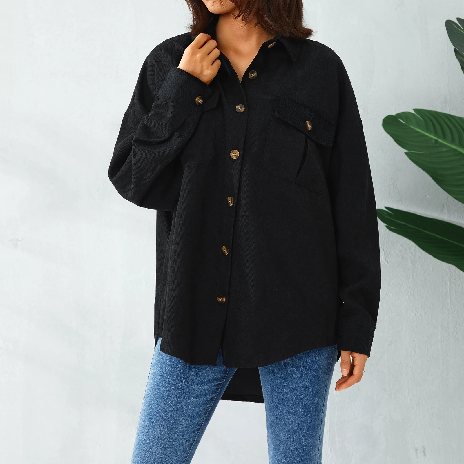 Women Fall Corduroy Shirt Jacket Adults Button-down Solid Color Long Sleeve Loose Lapel Outerwear with Pockets