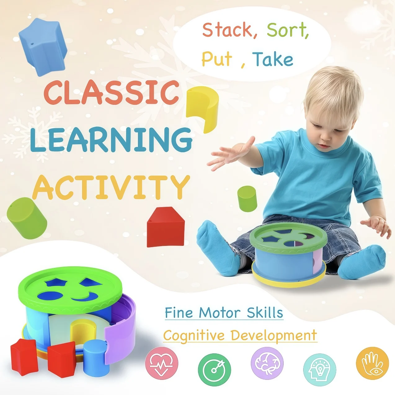 Toddler Fine Motor Skills Toys, First Blocks Set Of 8 Shapes For Sorting Play, Stacking Toy