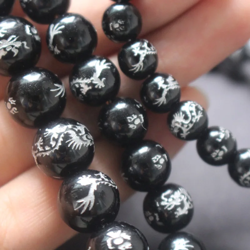 10Piece/lot 8mm 10mm 12mm 14mm Glass Beads Black Color with Carving  Silver Color Dragon  Fashion Beads For Jewelry Making