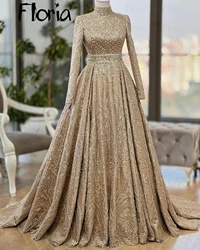 Muslim Luxury Gold A Line Long Evening Dresses High Quality Bespoke Occasion Dresses Champagne Pageant Prom Dresses Customized