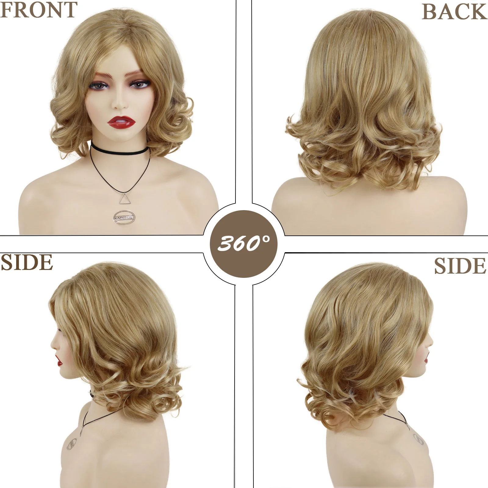 شعر مستعار صناعي بطول الكتف للنساء والفتيات بطول 14 بوصة، شعر مستعار قصير مجعد مع غرة، تصفيفة شعر طبيعية، زي يومي