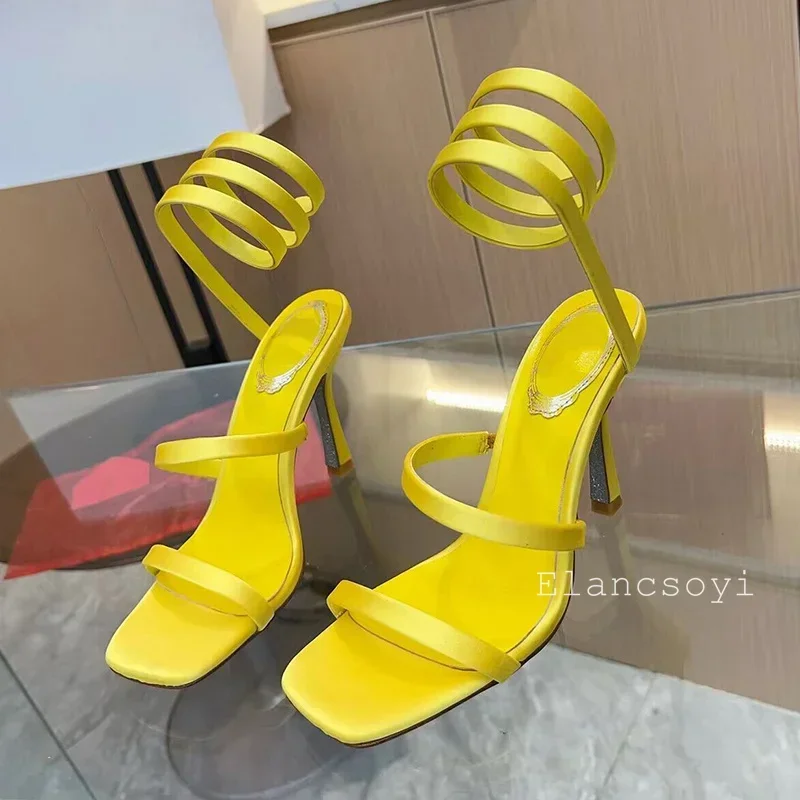 Sexy Thin Heels Gladiator Sandals Women Silk Satin Ankle Snake Shaped Winding Banquet Shoes Summer Open Toe Gladiator Sandalias