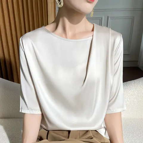 봄 여름 여성 실크 티셔츠 하프 슬리브 여성 오-넥 솔리드 컬러 패션 여성 의류 티셔츠 캐주얼 루즈 티셔츠 특대