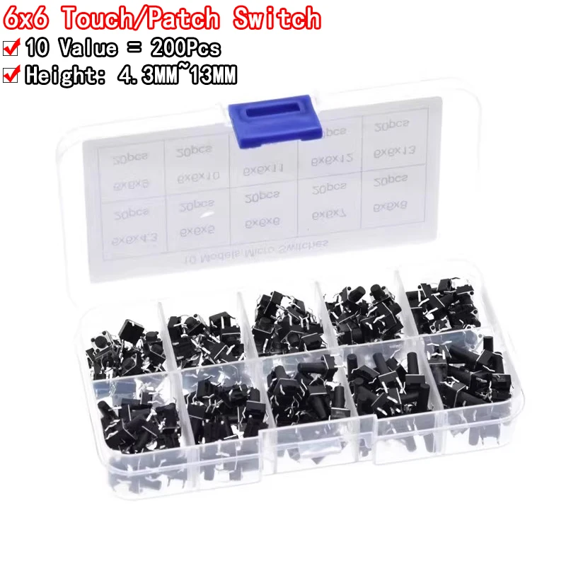 10 Value= 200pcs 6*6 Tact Switch Tactile Push Button Switch Kit, Height: 4.3MM~13MM DIP 4P Micro Switch 6x6 Key switch