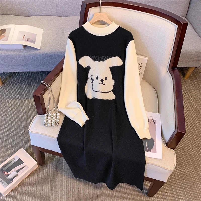 

Casual Knited Dresses For Women Spring Autumn Female Half Turtleneck Long Sleeve Large Size 4XL Plush Rabbit Black Soft Vestidos