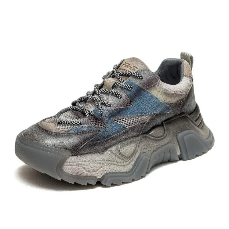 Zapatillas gruesas de cuero genuino de malla de aire de 5CM, botines planos, zapatillas de deporte de otoño para mujer, botines cómodos de colores mezclados para primavera y verano