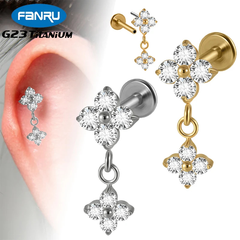 

1PC G23 Titanium Labret Piercing Stud Zircon Pendant Flower Pin Push In Lip Stud Daith Conch Earring Threadless Piercing Jewelry