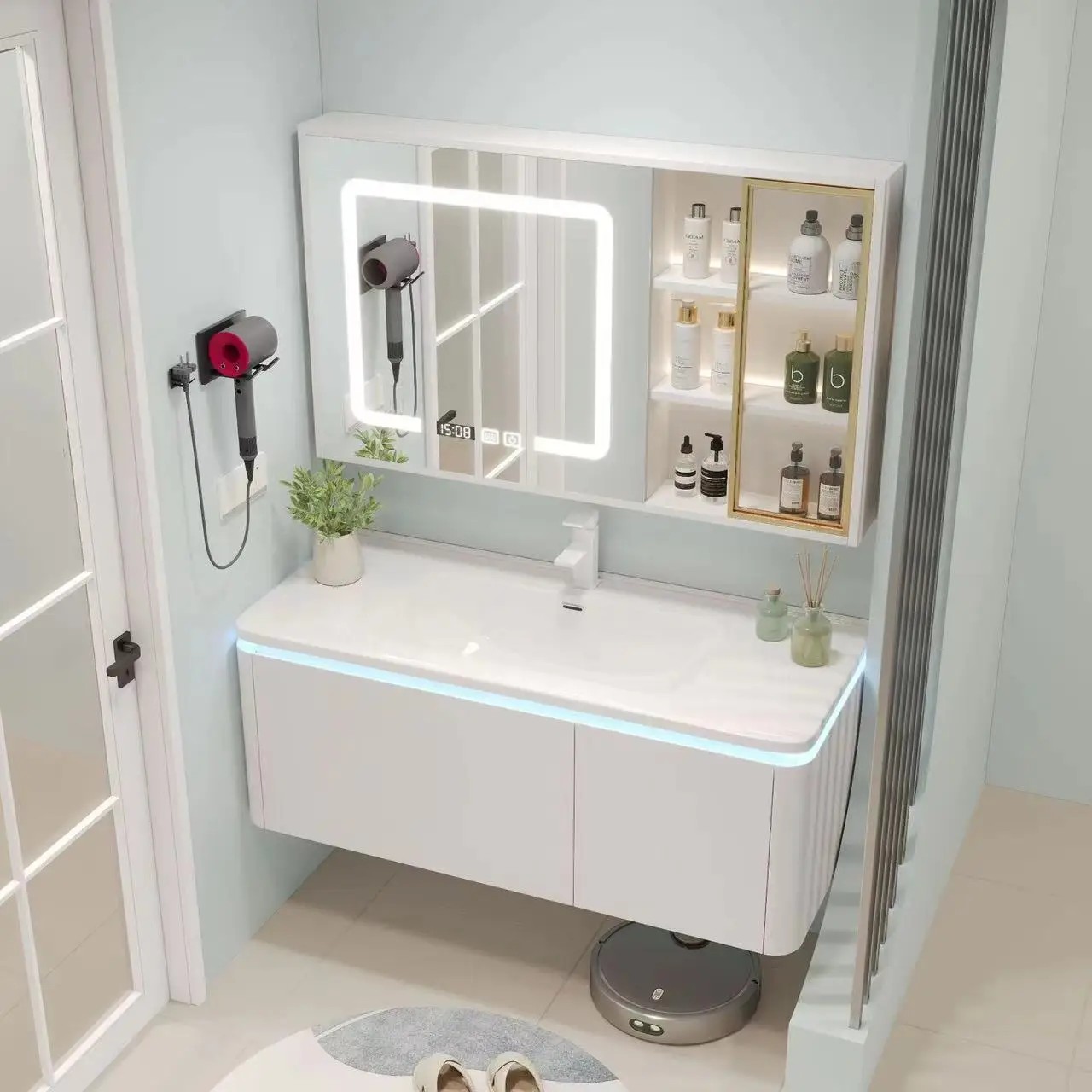 

Современный настенный шкаф для ванной в кремовом стиле с круглой керамической раковиной, белый, из фанеры, с возможностью индивидуального размера.