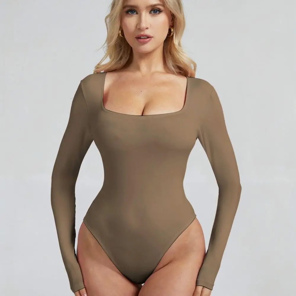 Square Neck Yoga Bodysuit Women Long Sleeve Jumpsuit Sportswear Fitness Romper Tight Athletic Gym Workout Training Wear