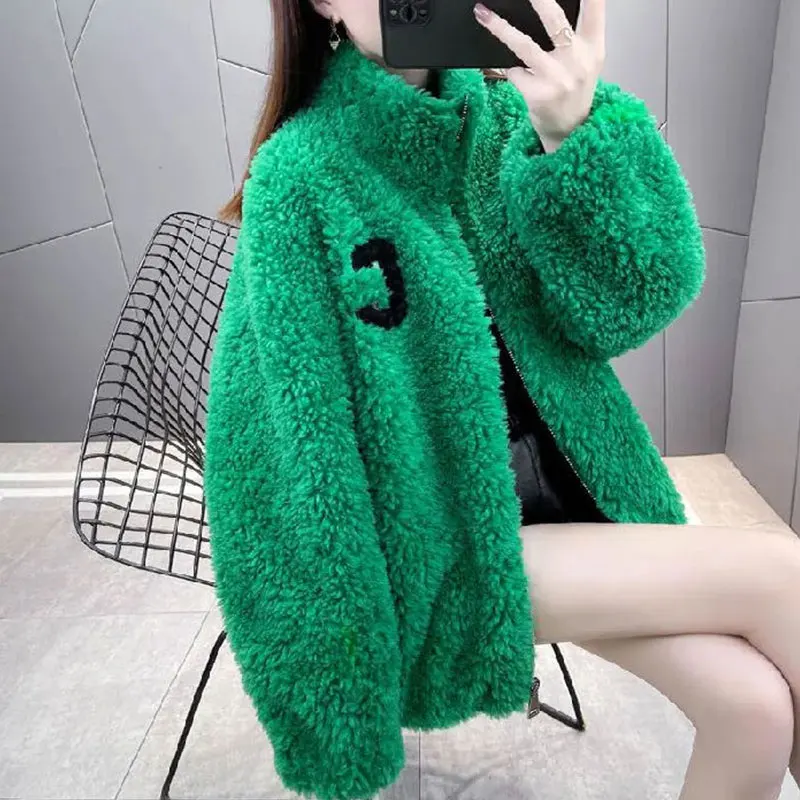 2024 Woman Clothing Stand Neck Lamb Wool Jacket Oversized Tops Winter Outwear Casual Korean Zipper Thicked Warm Coat y2k Clothes