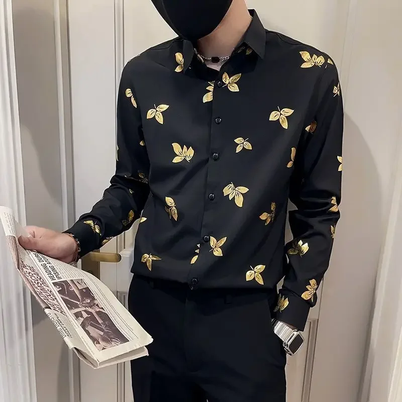 Man Shirt with Print Oversize Printed Shirts for Men Long Sleeve Clothing Asia Hipster Social Korean Popular Clothes Slim Fit I