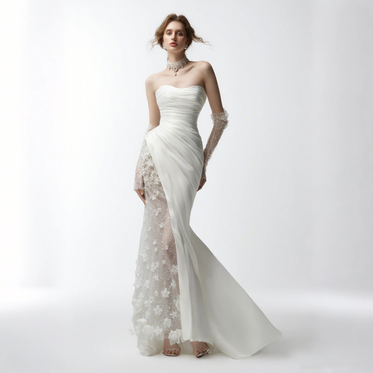 Vestido de novia sin tirantes personalizado con mangas largas extraíbles, tubo hasta el suelo, cremallera trasera, empalme de encaje Floral 3D para novia