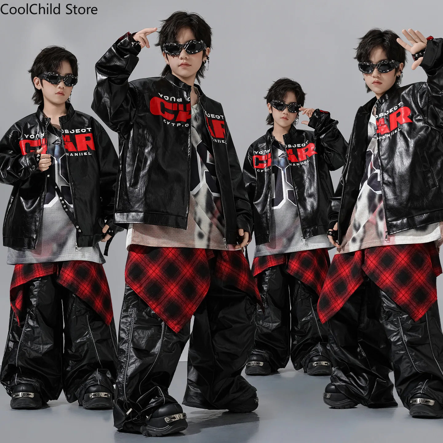 Boys Hio Hop Letters Leather Jacket Street Dance Loose Cargo Pants Girls K-pop Streetwear Kids Clothes Set Children Jazz Costume