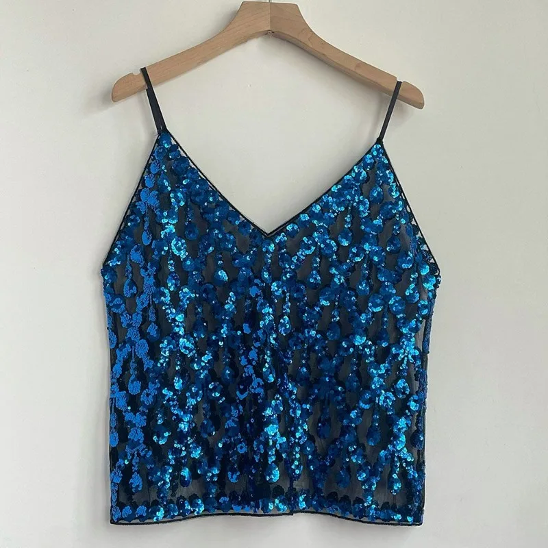2024 Summer New Stacked Sequined Bead Sling Suspender Sexy Slim Fit Cropped V-Neck Mesh Spice Girl Ins Camis Chic Top