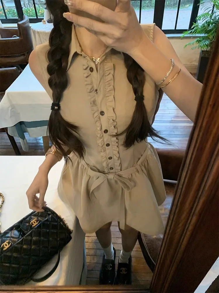 Robe classique minimaliste à col chemise, tempérament kaki de nouveau Style d'été pour femmes, jupe courte chérie de Style collégial