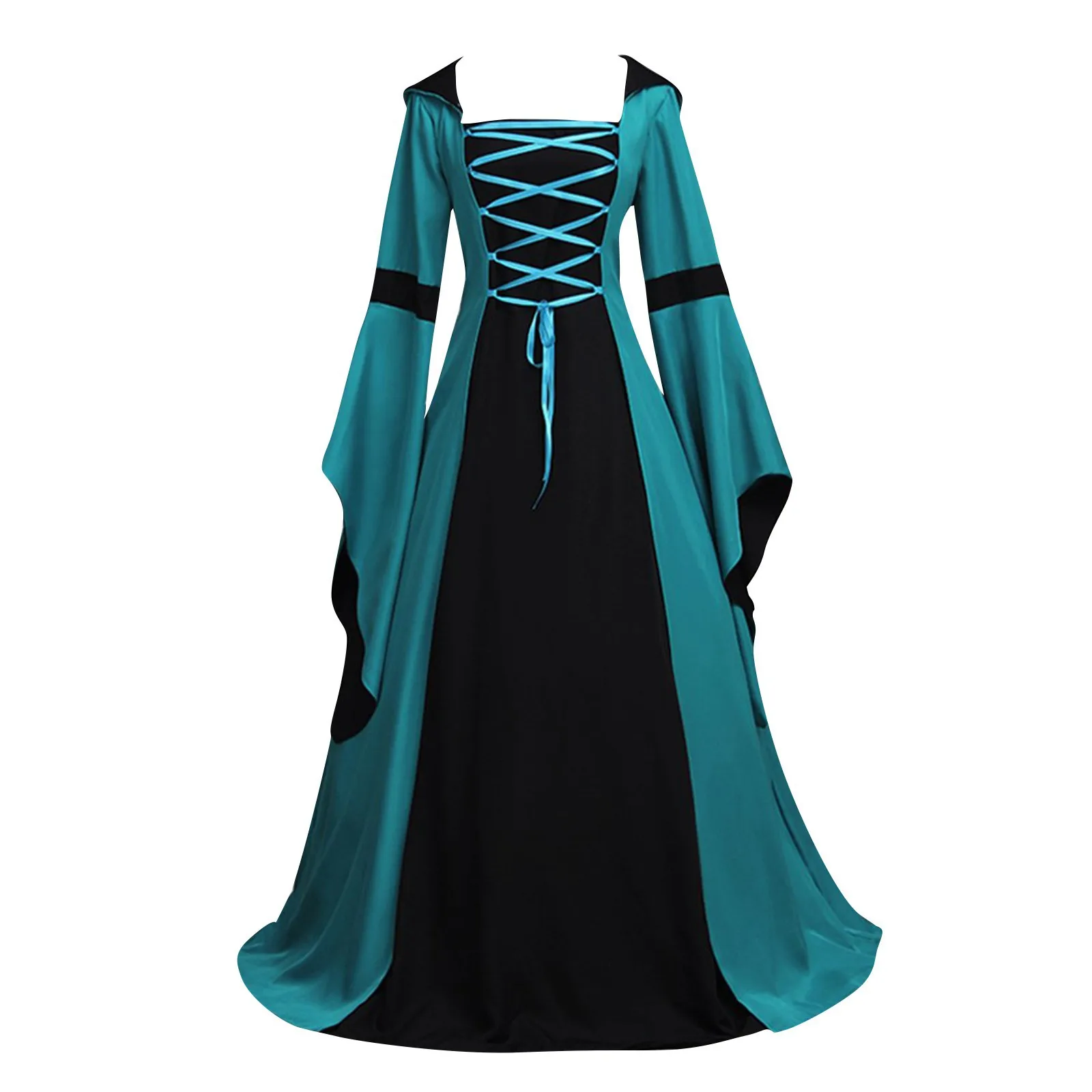 Medieval Retro Hooded Dress Square Neck Tie Trumpet Sleeves Big Swing Dress Women\'s Halloween Cosplay Vintage Long Sleeve Dress