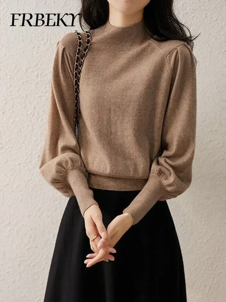 Korea Lantern Sleeve Long Sleeve High Neck Sweater Autumn Winter Solid Color Knitwear Sweater Pullover Outerwears Jumper Tops