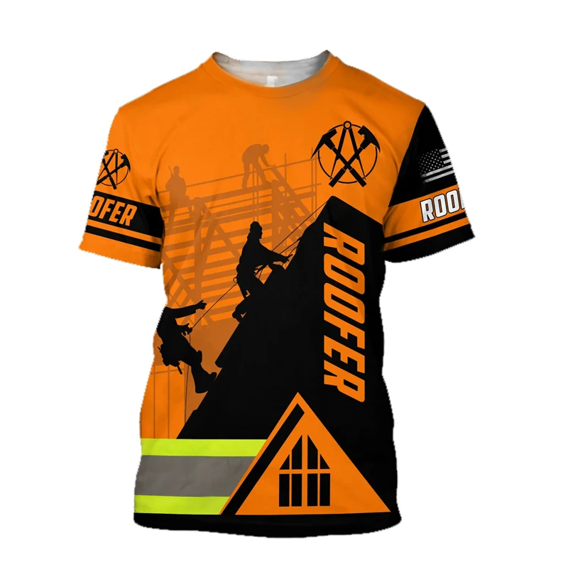 Excavator 3D Print T-shirt For Men Machinery Operator Stripe Short Sleeve Breathable Loose T Shirts Outdoor Summer Work Clothes