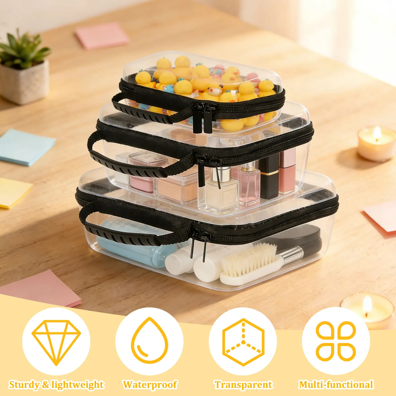 3Pcs Multi-Size Hard Storage Box Portable Clear Hard Shell Zipper Case Waterproof Makeup Storage Box Outdoor Tool Bag for Travel