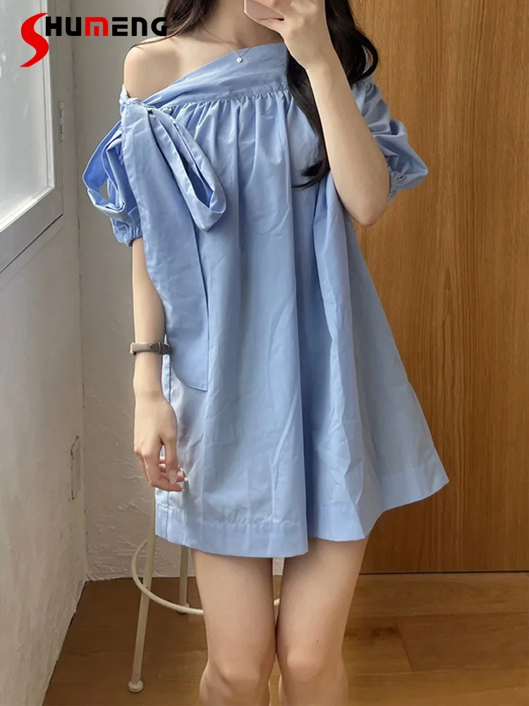 

Japanese Sweet Elegant Off-shoulder Short Puff Sleeves Lace-up Bows Loose Waist Simple Temperament Commuting Dress Women Summer