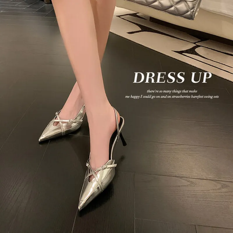 Women Denim Sheep Leather Slingback Pumps Pointed Toe Cross Buckle Thin Stiletto Heel Sheep Lining Summer Sandals F127 view 3