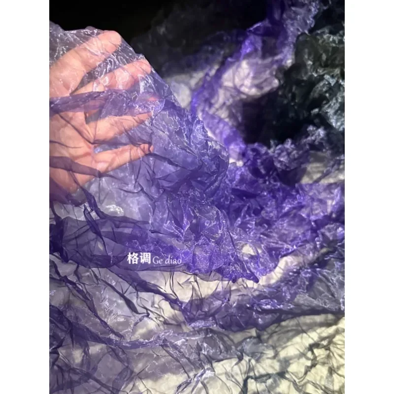 Black Purple Gradient Organza Fabric Semi Transparent Pleated Three Dimensional Texture Dress Clothing Creative Designer Fabric