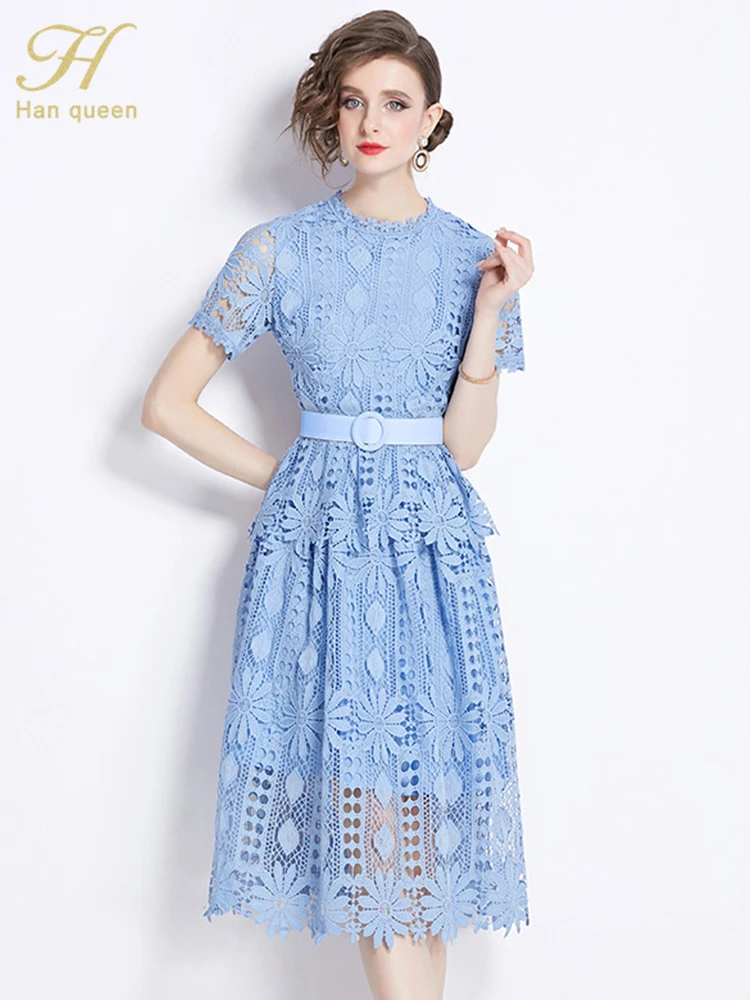 H Han Queen Summer Lace Elegant Chic Dresses Women\'s Hollow Out Vintage Vestidos Fashion Short Sleeve Office Casual Party Dress