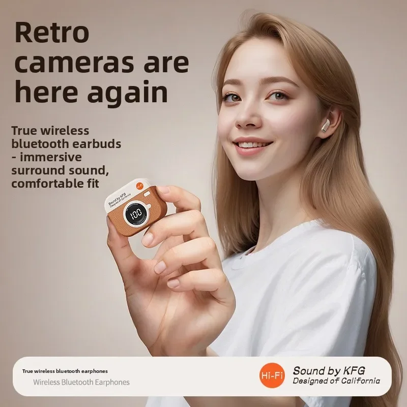 Bluetooth Earbuds Mini Retro Camera Design with HD Display, Long Battery Life for Running and Sports