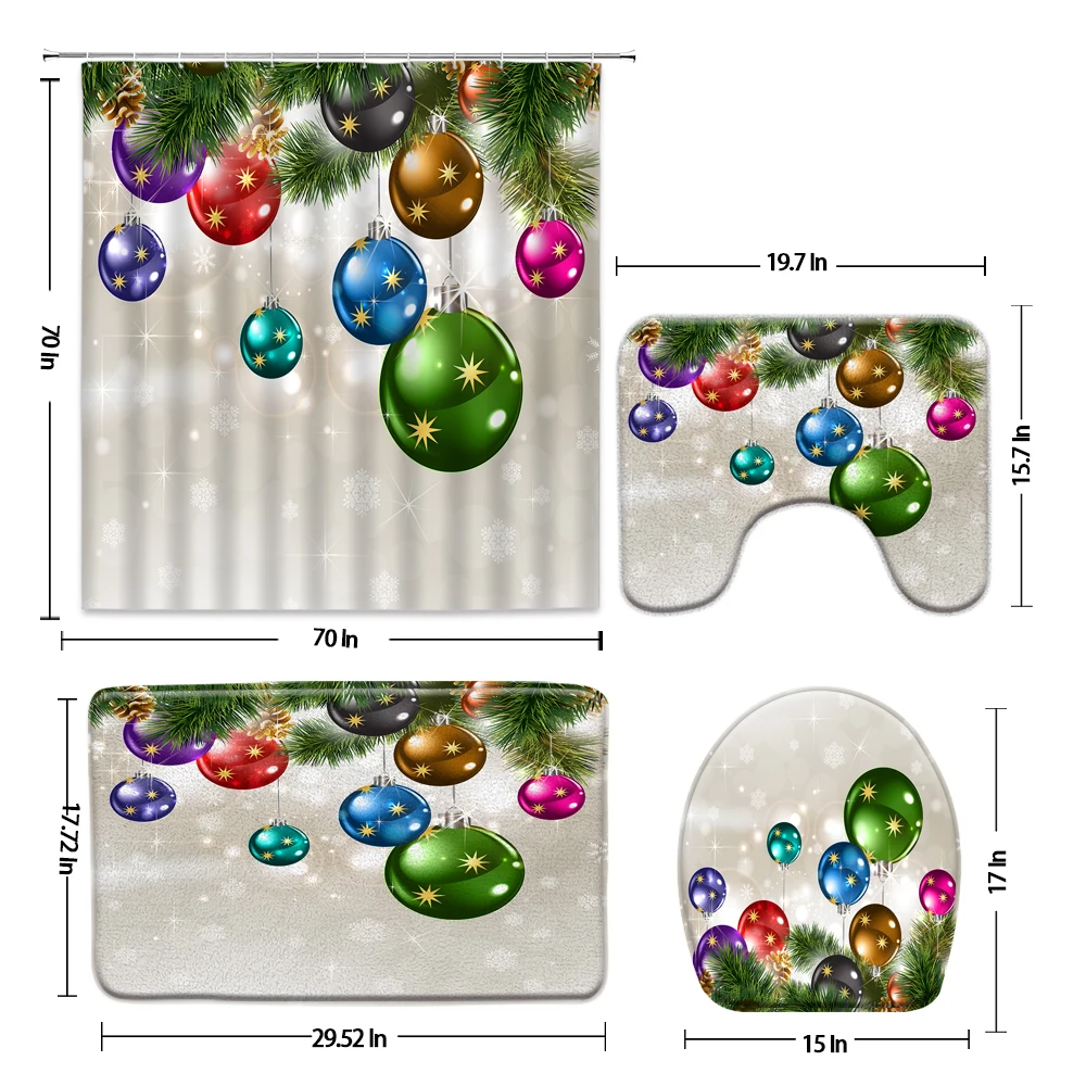 4pcs Christmas Shower Curtains Set with Rug Cartoon Xmas Ball Green Pine Branches New Year Festive Theme Bathroom Decor Bath Mat