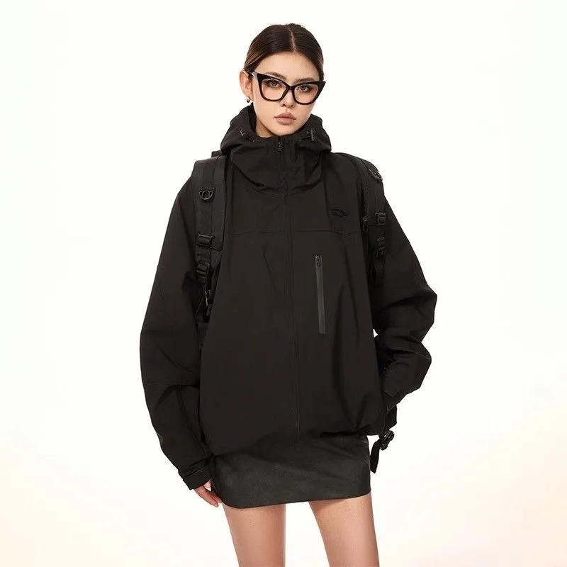 Deeptown Vintage czarna kurtka wiatrówka damska Outdoor koreańska moda Techwear kurtki zapinane na zamek z kapturem typu Oversized Anorak