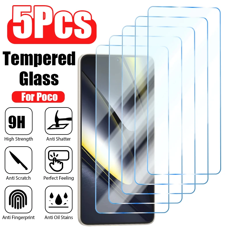 5PCS Tempered Glass For POCO X6 X5 X4 X3 F5 Pro M4 M3 F2 Pro 5G Screen Protector for Poco M5 M5S F3 F4 X4 X3 GT X3 NFC X6 glass