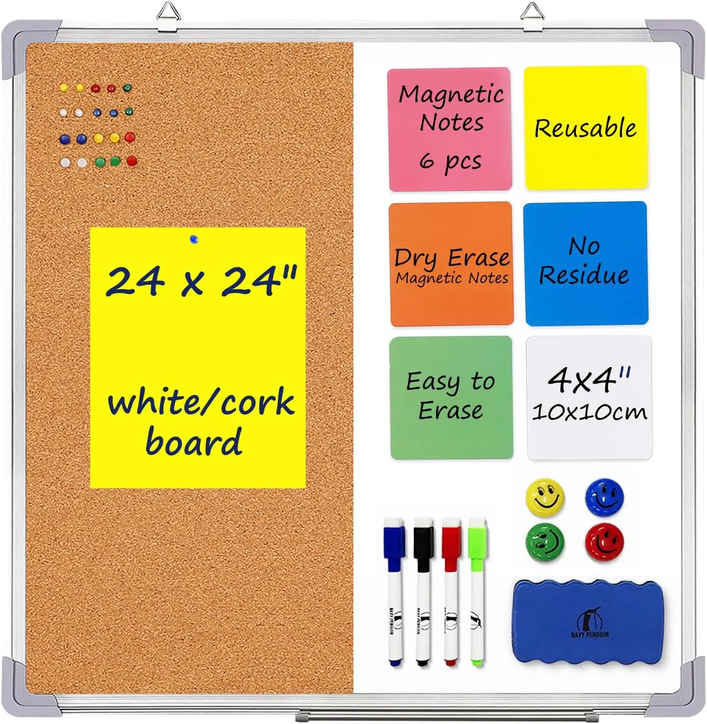 

24x24 Inch Dry Erase Cork Board Combo with Accessories for Home Office Organization