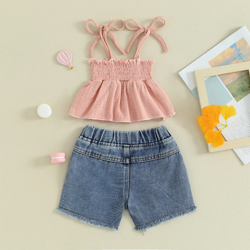 Kids Girls Shorts Set, Tie-up Pleated Camisole Tops with Ripped Denim Shorts Summer 2-piece Casual Outfit