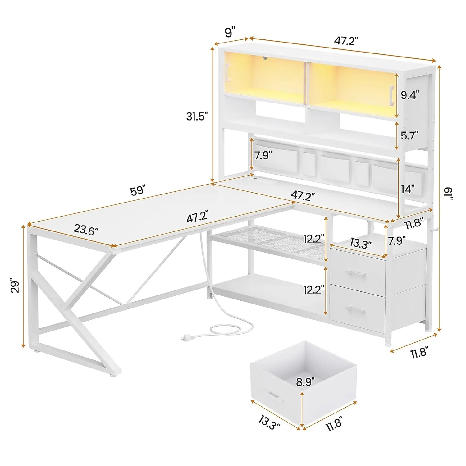 L Shaped Gaming Desk with LED Light, Reversible Corner Desk with 23.6