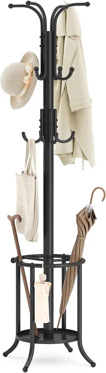 Freestanding Coat Rack with 12 Hooks and Umbrella Holder for Entryway, Hallway, Living Room, Ink Black