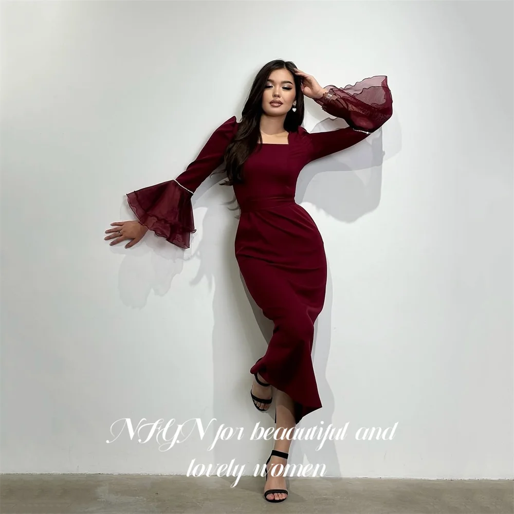 ชุดราตรีสีเบอร์กันดี NFYN คอเหลี่ยม ความยาวปานกลาง แบบเดรสคนดัง แขนชีฟองบาน  ชุดราตรีสำหรับผู้หญิง สามารถสั่งตัดได้