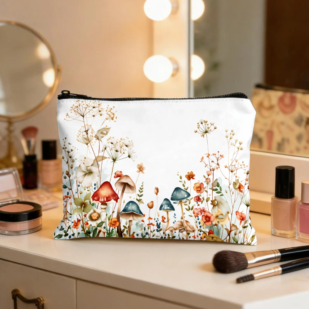 Bolsas de maquillaje con diseño de flores de champiñones y diente de león, bolsa de cosméticos para niñas, bolsa de aseo, estuche para lápices, almacenamiento de viaje